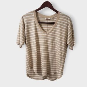 Faherty Womens Oceanside Linen‎ V-Neck Tee Hampton Stripe Tan White XS